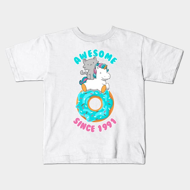 Donut Kitten Unicorn Awesome since 1991 Kids T-Shirt by cecatto1994